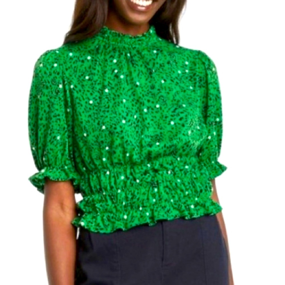 Women's Ruffle Elbow Sleeve High Neck T-Shirt Who What Wear Green Polka Dot